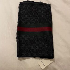 Gucci Winter Scarf, Wool and Silk with GG Pattern Webbing Lines